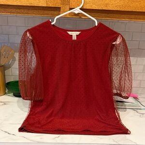 Red Blouse with Sheer Sleeves